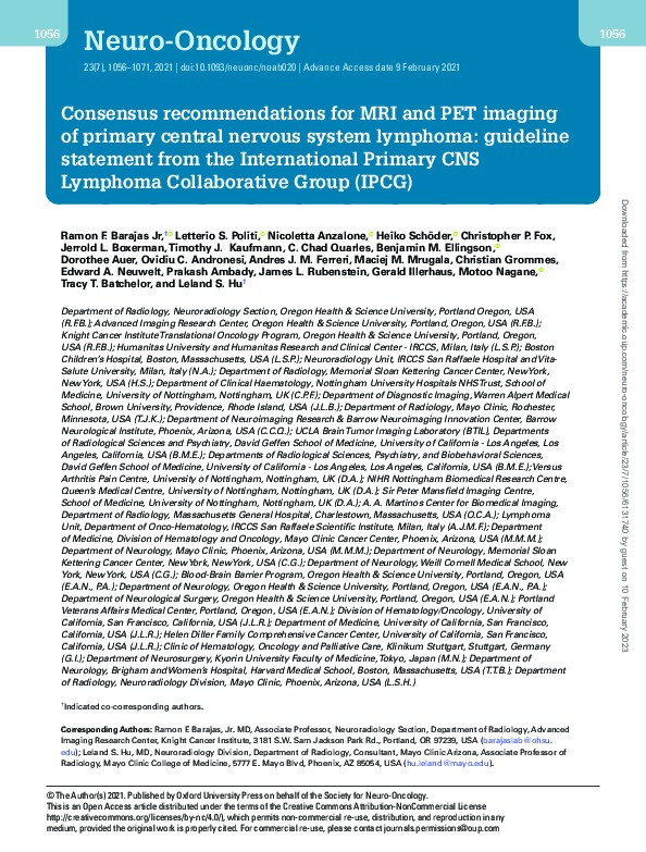 Consensus recommendations for MRI and PET imaging of primary central nervous system lymphoma: guideline statement from the International Primary CNS Lymphoma Collaborative Group (IPCG) Thumbnail