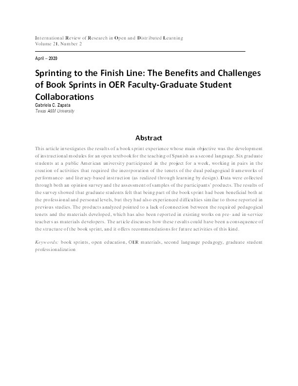 Sprinting to the Finish Line: The Benefits and Challenges of Book Sprints in OER Faculty-Graduate Student Collaborations Thumbnail