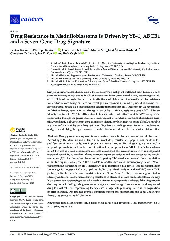 Drug Resistance in Medulloblastoma Is Driven by YB-1, ABCB1 and a Seven-Gene Drug Signature Thumbnail