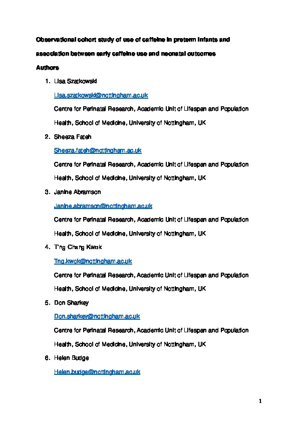 Observational cohort study of use of caffeine in preterm infants and association between early caffeine use and neonatal outcomes Thumbnail