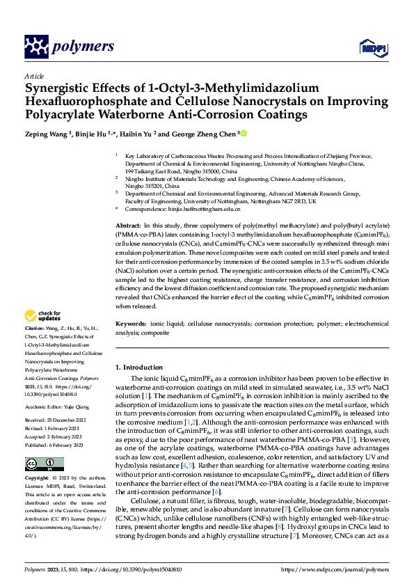 Synergistic Effects of 1-Octyl-3-Methylimidazolium Hexafluorophosphate and Cellulose Nanocrystals on Improving Polyacrylate Waterborne Anti-Corrosion Coatings Thumbnail