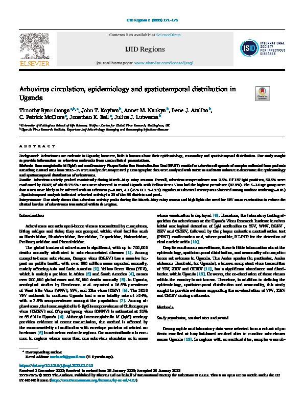 Arbovirus circulation, epidemiology and spatiotemporal distribution in Uganda Thumbnail