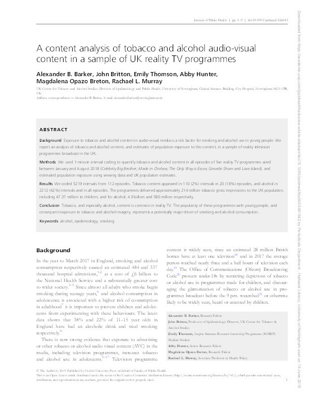 A content analysis of tobacco and alcohol audio-visual content in a sample of UK reality TV programmes Thumbnail