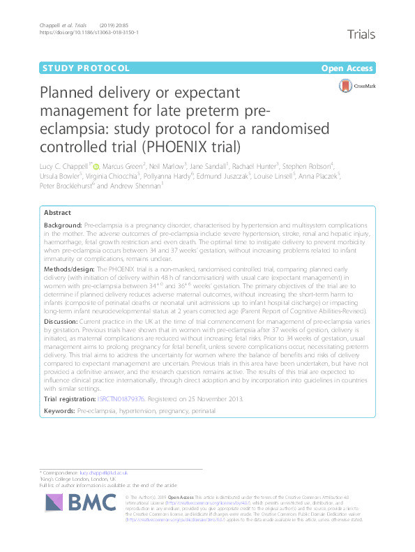 Planned delivery or expectant management for late preterm pre-eclampsia: Study protocol for a randomised controlled trial (PHOENIX trial) Thumbnail