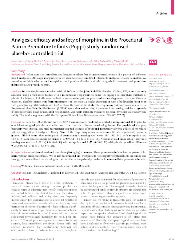 Analgesic efficacy and safety of morphine in the Procedural Pain in Premature Infants (Poppi) study: randomised placebo-controlled trial Thumbnail