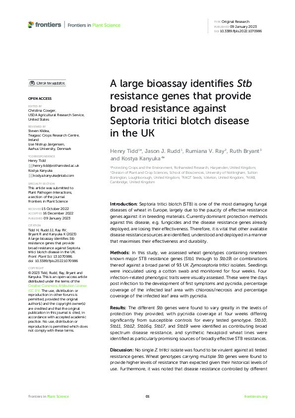 A large bioassay identifies Stb resistance genes that provide broad resistance against Septoria tritici blotch disease in the UK Thumbnail