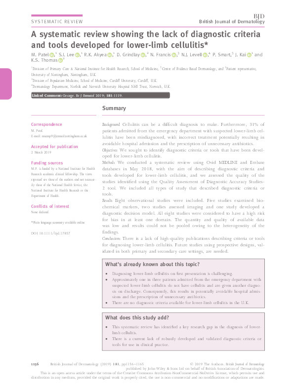 A systematic review showing the lack of diagnostic criteria and tools developed for lower limb cellulitis Thumbnail