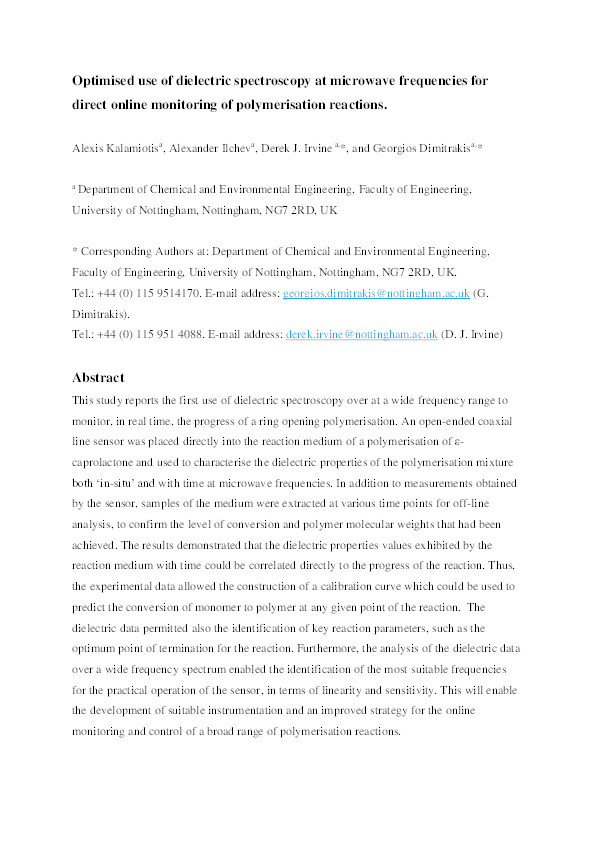 Optimised use of dielectric spectroscopy at microwave frequencies for direct online monitoring of polymerisation reactions Thumbnail