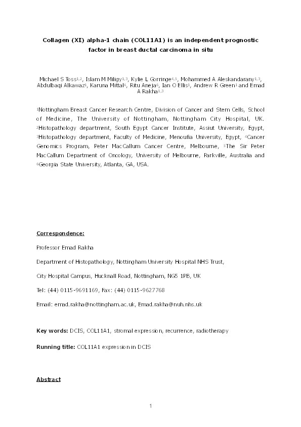 Collagen (XI) alpha-1 chain (COL11A1) is an independent prognostic factor in breast ductal carcinoma in situ Thumbnail