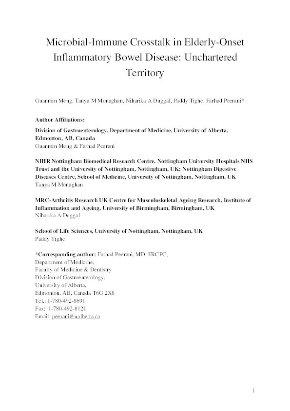 Microbial-Immune Crosstalk in Elderly-Onset Inflammatory Bowel Disease: Unchartered Territory Thumbnail