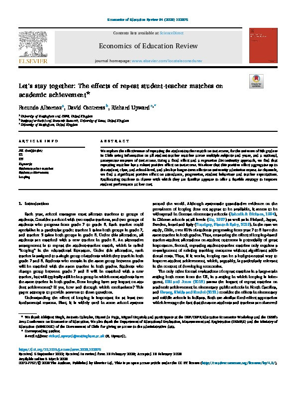 Let's stay together: The effects of repeat student-teacher matches on academic achievement Thumbnail