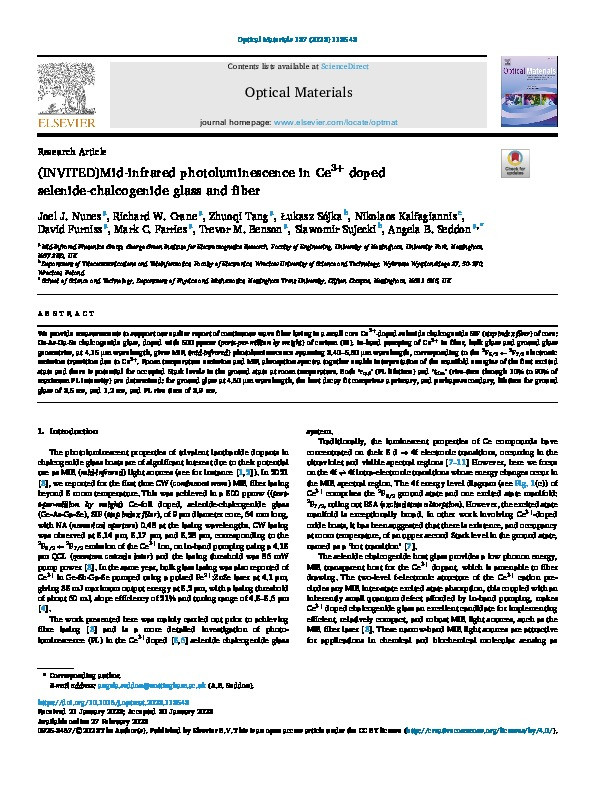 (INVITED) Mid-infrared photoluminescence in Ce 3+ doped selenide-chalcogenide glass and fiber Thumbnail