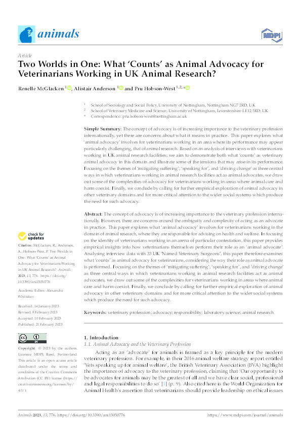 Two Worlds in One: What ‘Counts’ as Animal Advocacy for Veterinarians Working in UK Animal Research? Thumbnail