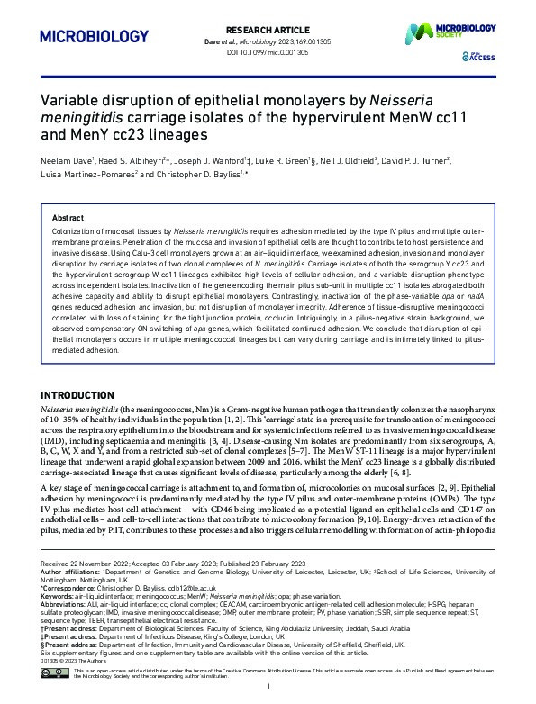 Variable disruption of epithelial monolayers by Neisseria meningitidis carriage isolates of the hypervirulent MenW cc11 and MenY cc23 lineages Thumbnail