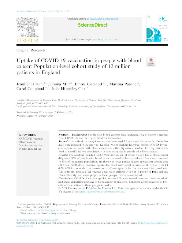 Uptake of COVID-19 vaccination in people with blood cancer: Population-level cohort study of 12 million patients in England Thumbnail