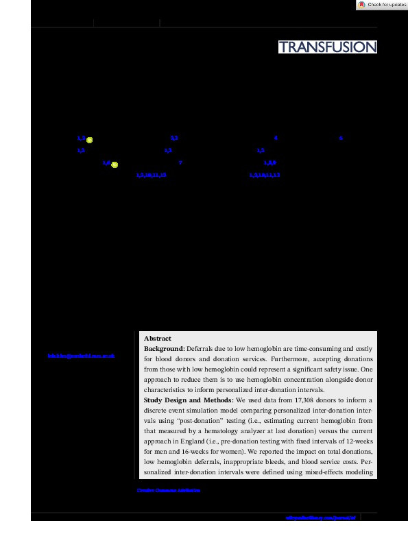 Impact of a post-donation hemoglobin testing strategy on efficiency and safety of whole blood donation in England: A modeling study Thumbnail