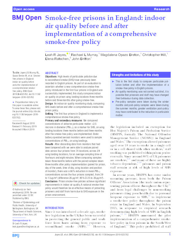 Smoke-free prisons in England: indoor air quality before and after implementation of a comprehensive smoke-free policy Thumbnail