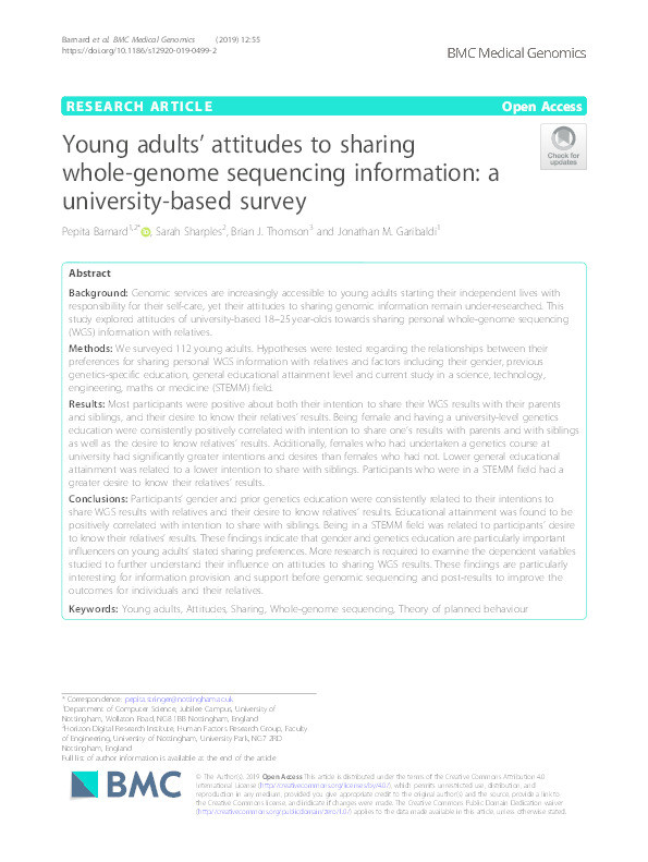 Young adults' attitudes to sharing whole-genome sequencing information: a university-based survey Thumbnail