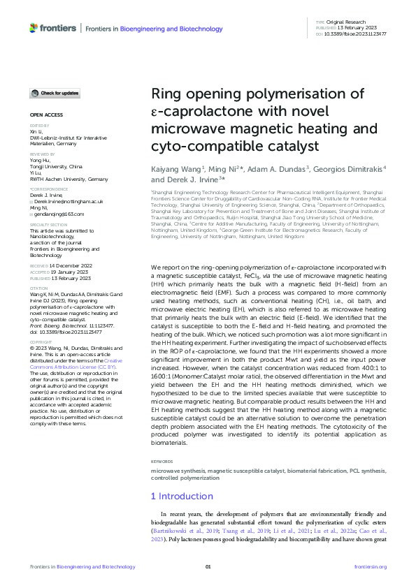 Ring opening polymerisation of ɛ-caprolactone with novel microwave magnetic heating and cyto-compatible catalyst Thumbnail