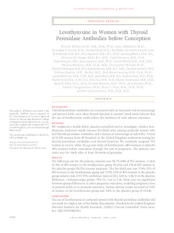 Levothyroxine in women with thyroid peroxidase antibodies before conception Thumbnail
