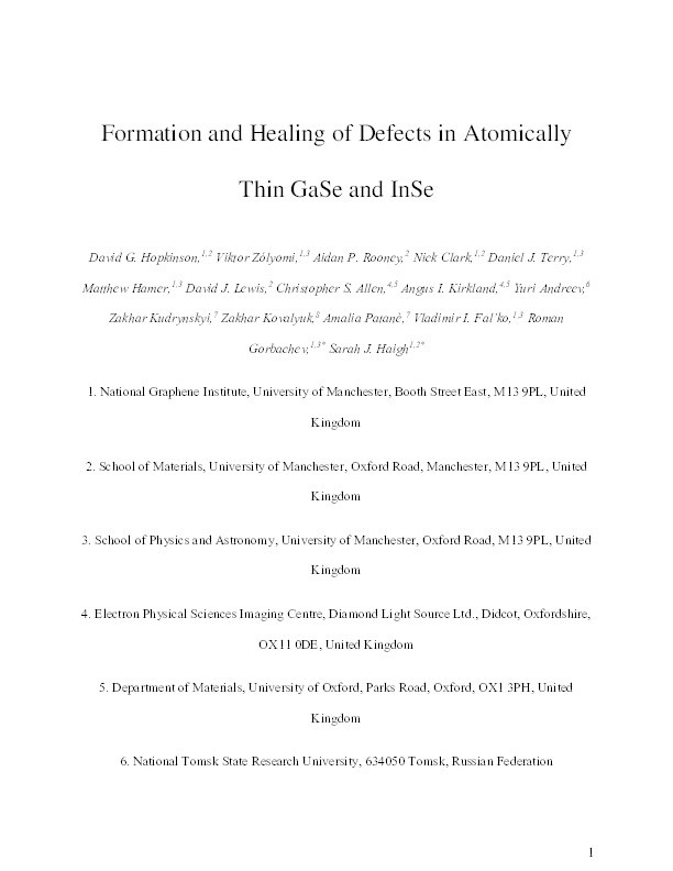 Formation and healing of defects in atomically thin GaSe and InSe Thumbnail