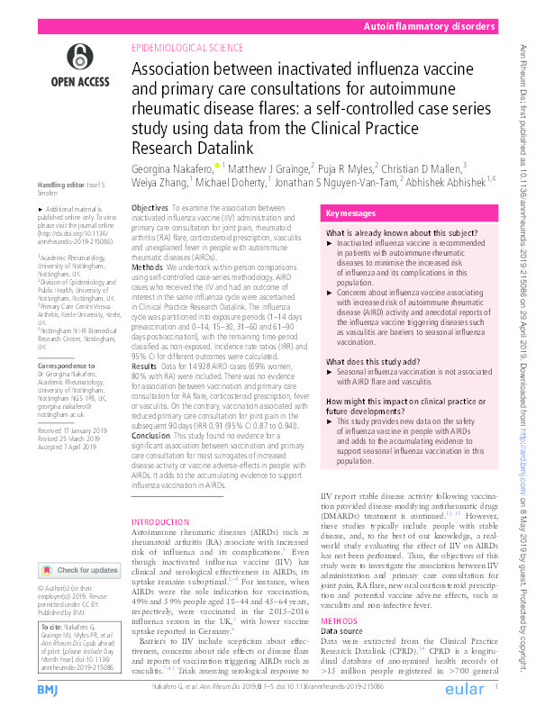 Association between inactivated influenza vaccine and primary care consultations for autoimmune rheumatic disease flares: a self-controlled case series study using data from the Clinical Practice Research Datalink Thumbnail