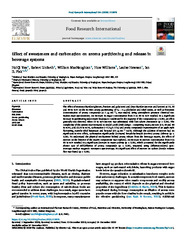 Effect of sweeteners and carbonation on aroma partitioning and release in beverage systems Thumbnail