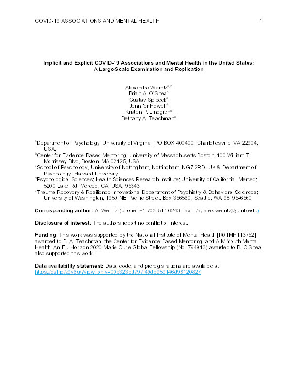 Implicit and explicit COVID-19 associations and mental health in the United States: a large-scale examination and replication Thumbnail