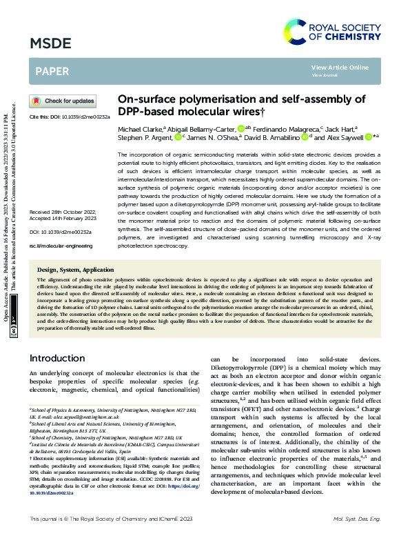 On-surface polymerisation and self-assembly of DPP-based molecular wires Thumbnail