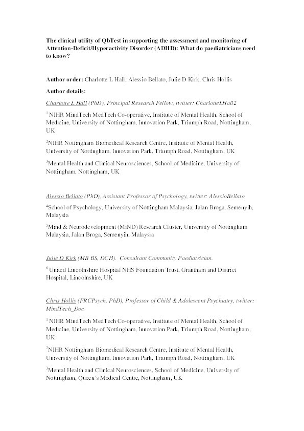 The clinical utility of QbTest in supporting the assessment and monitoring of Attention-Deficit/Hyperactivity Disorder (ADHD): What do paediatricians need to know? Thumbnail