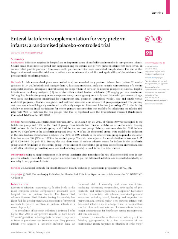 Enteral lactoferrin supplementation for very preterm infants: a randomised placebo-controlled trial Thumbnail