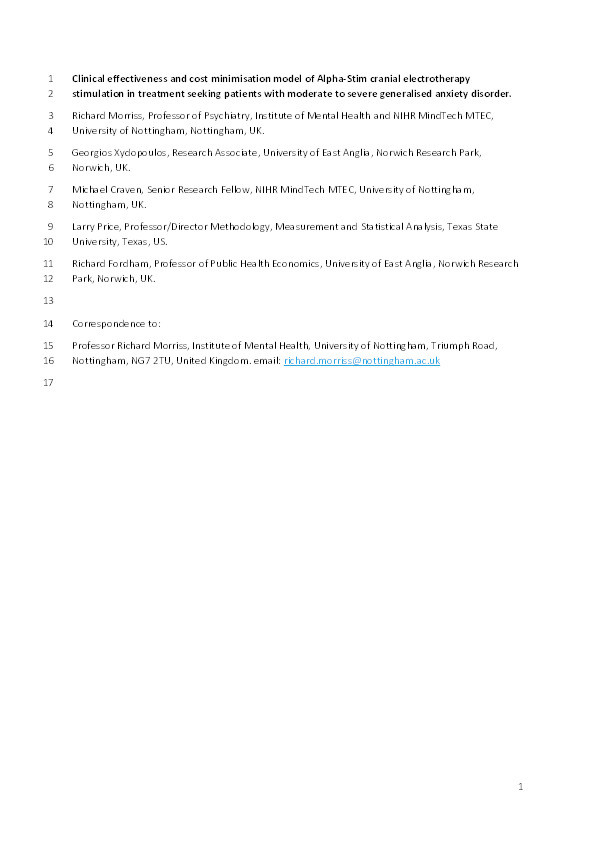 Clinical effectiveness and cost minimisation model of Alpha-Stim cranial electrotherapy stimulation in treatment seeking patients with moderate to severe generalised anxiety disorder Thumbnail