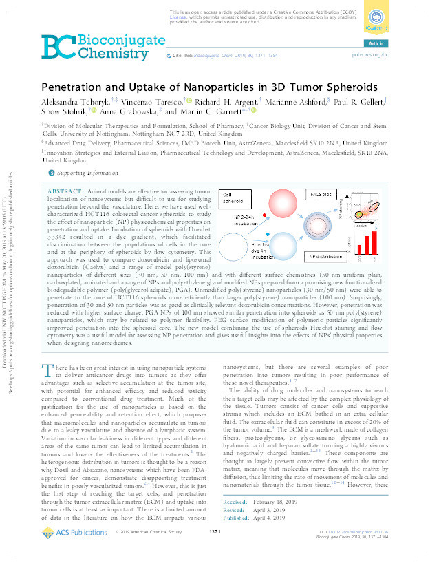 Penetration and uptake of Nanoparticles in 3D tumour spheroids Thumbnail