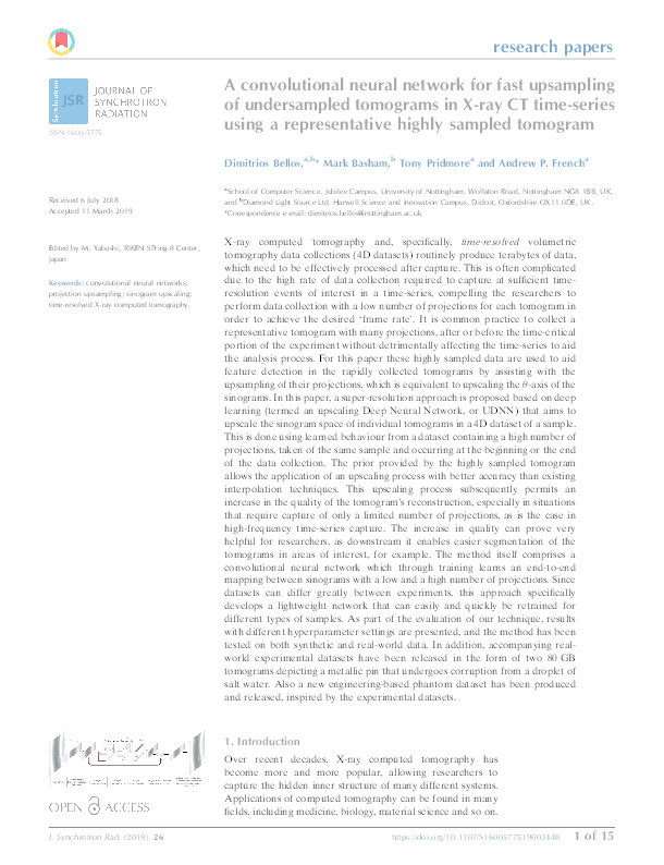 A convolutional neural network for fast upsampling of undersampled tomograms in X-ray CT time-series using a representative highly sampled tomogram Thumbnail