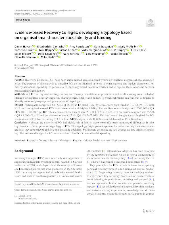 Evidence-based Recovery Colleges: developing a typology based on organisational characteristics, fidelity and funding Thumbnail