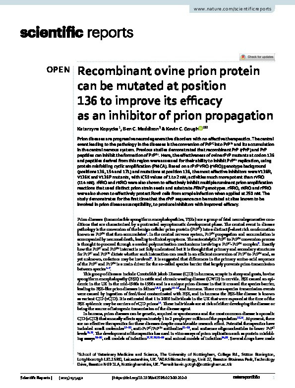 Recombinant ovine prion protein can be mutated at position 136 to improve its efficacy as an inhibitor of prion propagation Thumbnail