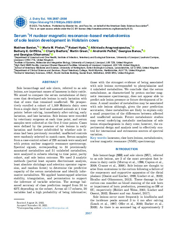 Serum 1H nuclear magnetic resonance–based metabolomics of sole lesion development in Holstein cows Thumbnail