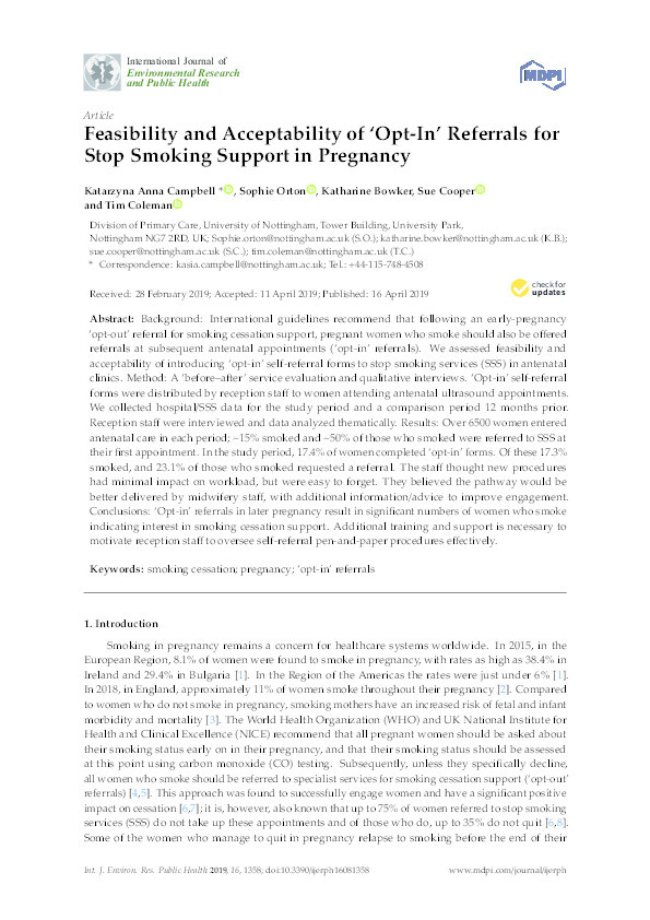 Feasibility and Acceptability of ‘Opt-In’ Referrals for Stop Smoking Support in Pregnancy Thumbnail