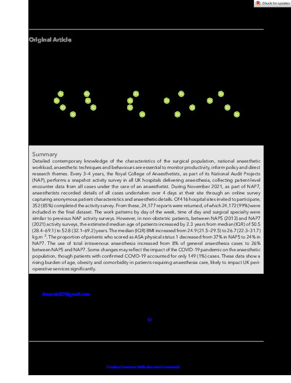 Patient characteristics, anaesthetic workload and techniques in the UK: an analysis from the 7th National Audit Project (NAP7) activity survey Thumbnail