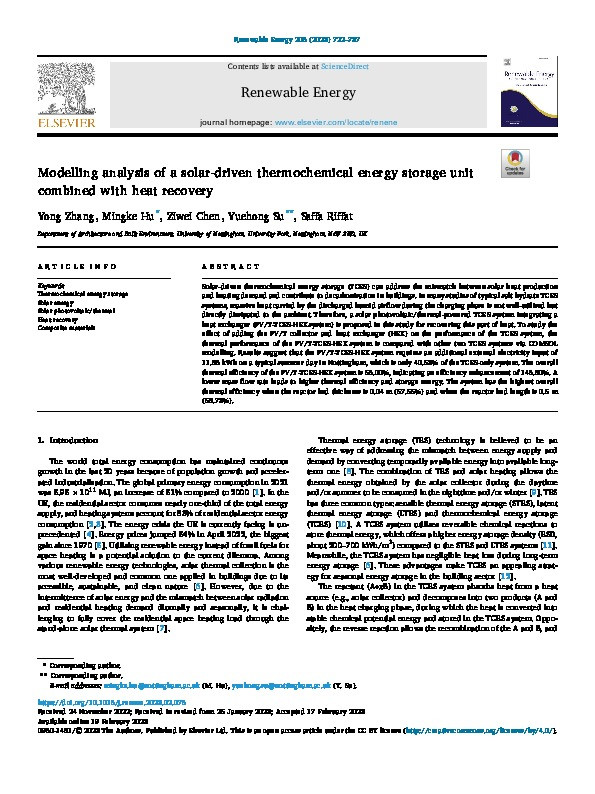 Modelling analysis of a solar-driven thermochemical energy storage unit combined with heat recovery Thumbnail