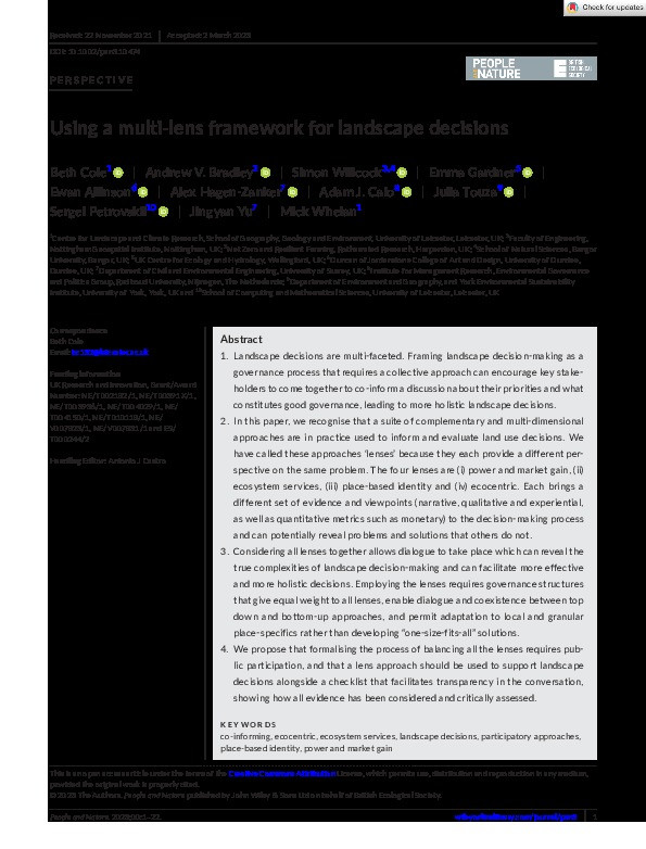 Using a multi‐lens framework for landscape decisions Thumbnail