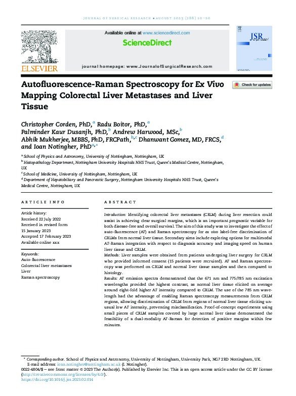 Autofluorescence-Raman Spectroscopy for Ex Vivo Mapping Colorectal Liver Metastases and Liver Tissue Thumbnail