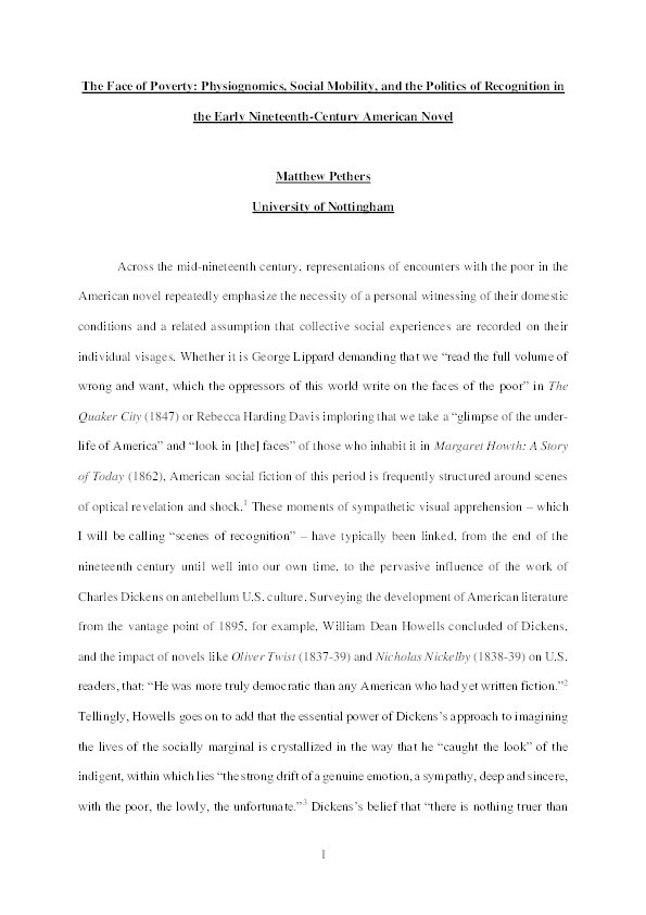 The Face of Poverty : Physiognomics, Social Mobility, and the Politics of Recognition in the Early Nineteenth-Century American Novel Thumbnail