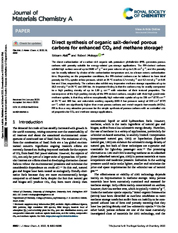 Direct synthesis of organic salt-derived porous carbons for enhanced CO2 and methane storage Thumbnail