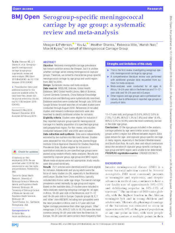 Serogroup-specific meningococcal carriage by age group: a systematic review and meta-analysis Thumbnail