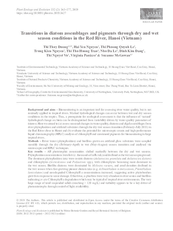 Transitions in diatom assemblages and pigments through dry and wet season conditions in the Red River, Hanoi (Vietnam) Thumbnail