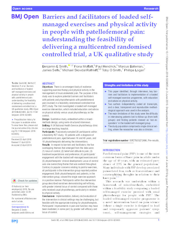 Barriers and facilitators of loaded self-managed exercises and physical activity in people with patellofemoral pain: understanding the feasibility of delivering a multi-centred randomised controlled trial, a UK qualitative study Thumbnail