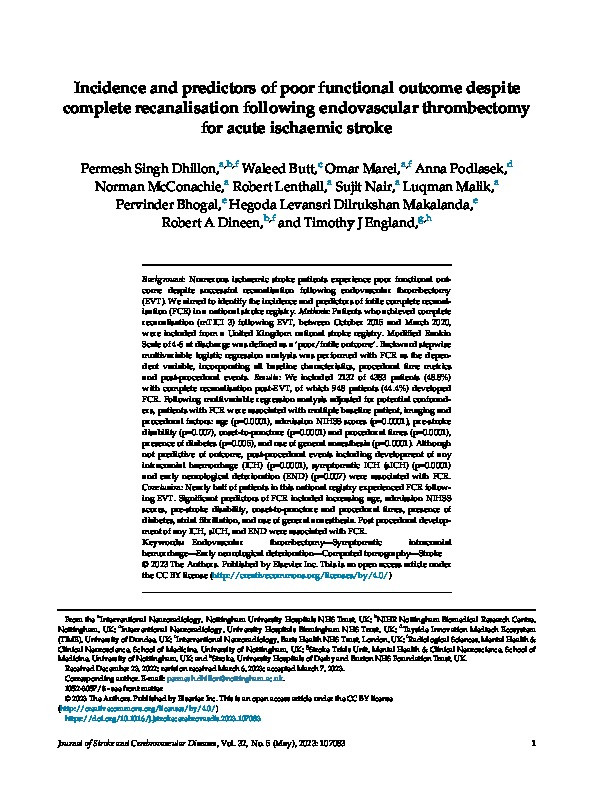 Incidence and predictors of poor functional outcome despite complete recanalisation following endovascular thrombectomy for acute ischaemic stroke Thumbnail