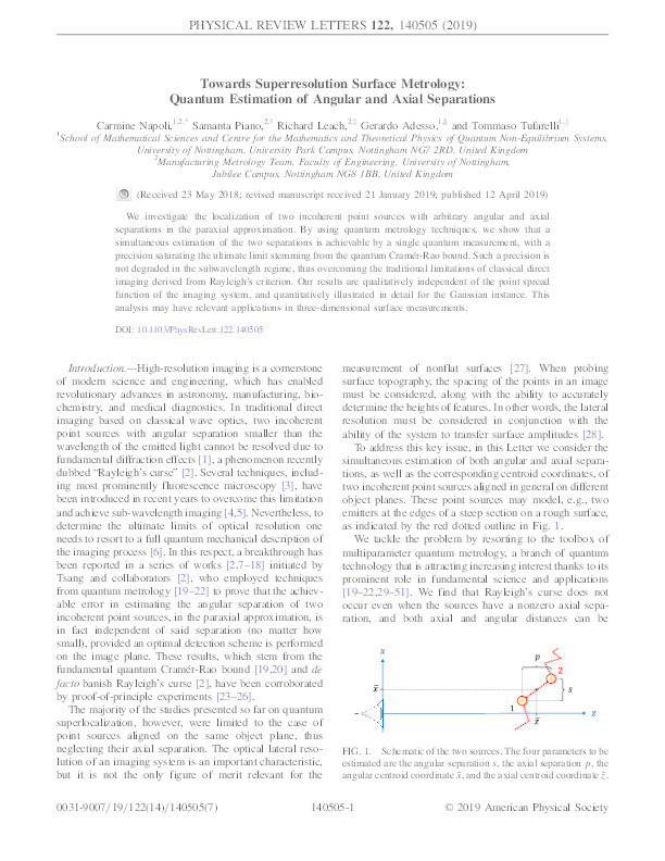 Towards superresolution surface metrology: quantum estimation of angular and axial separations Thumbnail