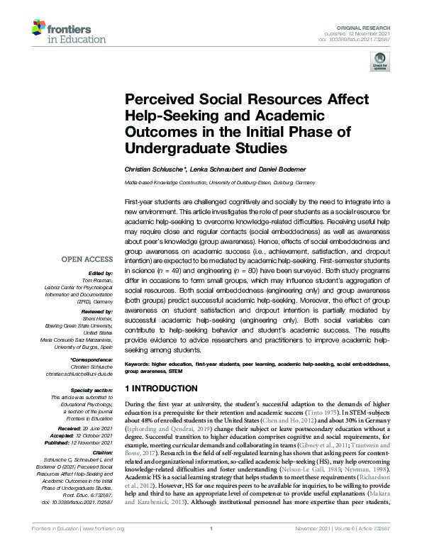 Perceived Social Resources Affect Help-Seeking and Academic Outcomes in the Initial Phase of Undergraduate Studies Thumbnail